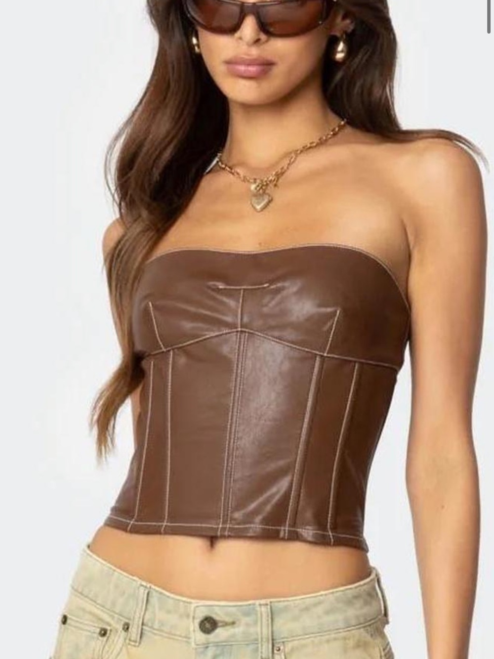 Edikted Brown Faux Leather Strapless Corset Top